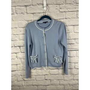 Sold Adrianna Papell Blue  Preppy Bow Knit Coquette Stretch Cardigan Size Medium